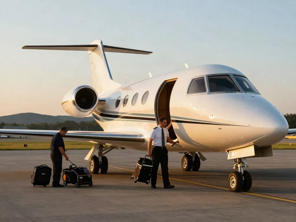 Private airplane charter Ontario at sunset with pilot preparing jet.