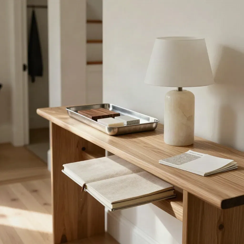 Foyer console with notebook, sample tray and lamp in warm late-afternoon light
