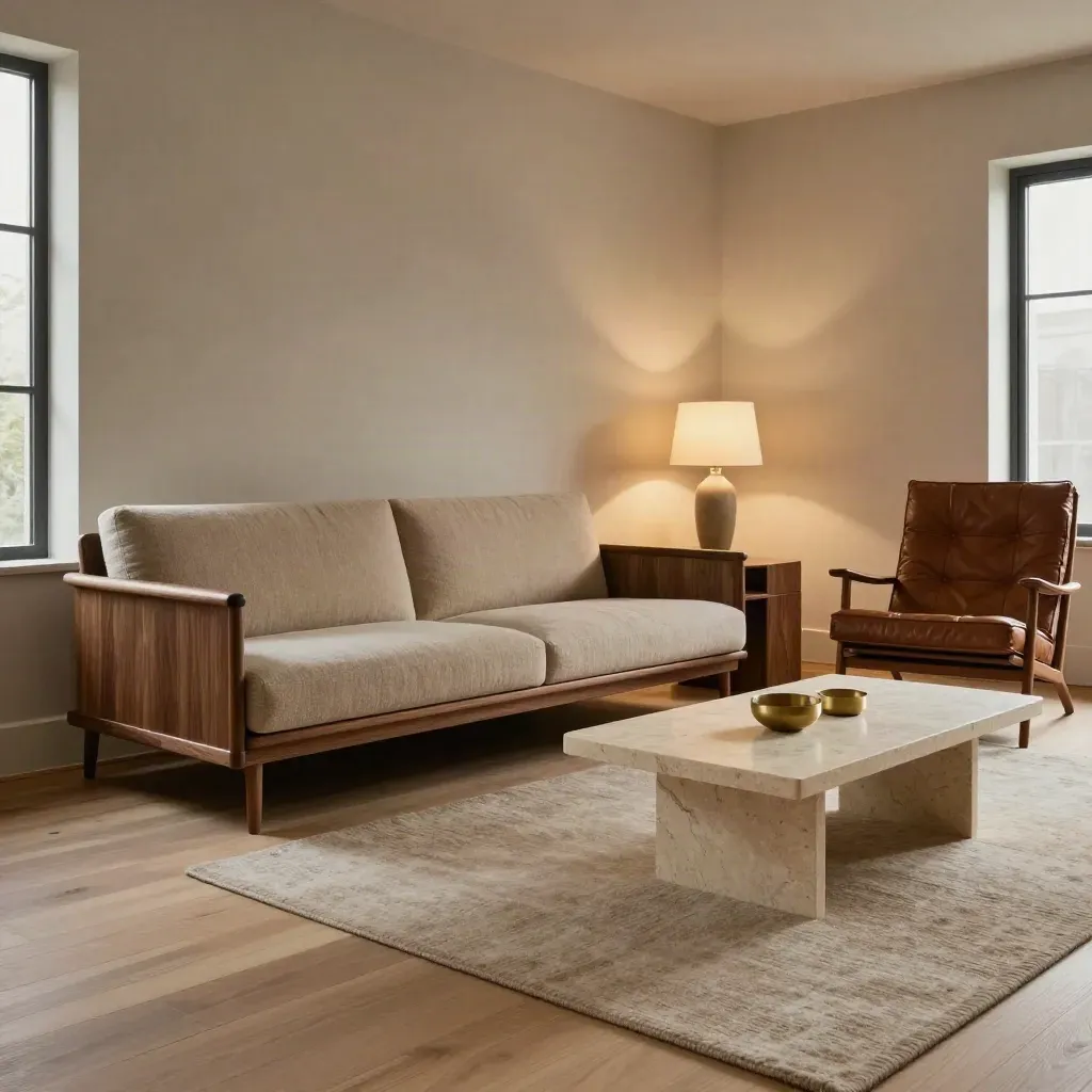 Warm living room with sofa, lounge chair and side tables in afternoon light.