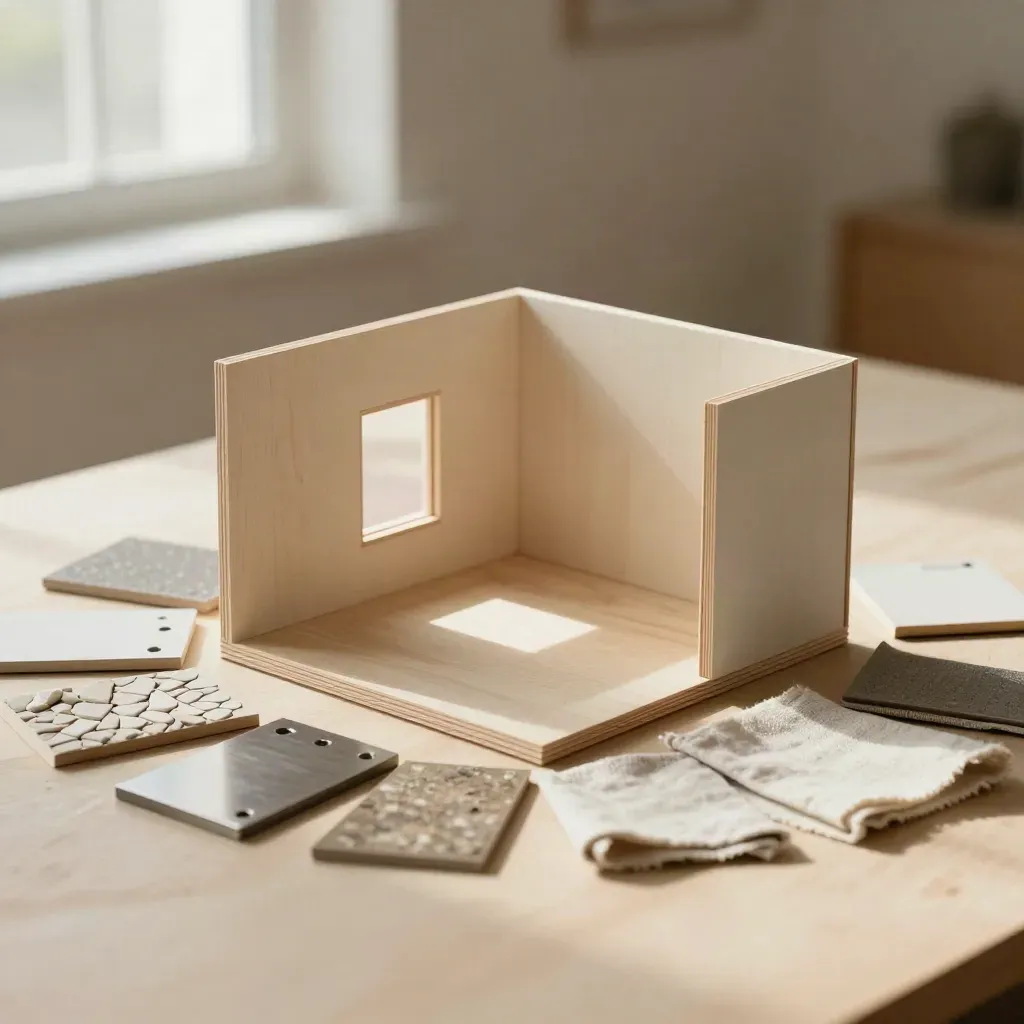 Mini 3D room model with finish samples lit by warm window light on a tabletop.
