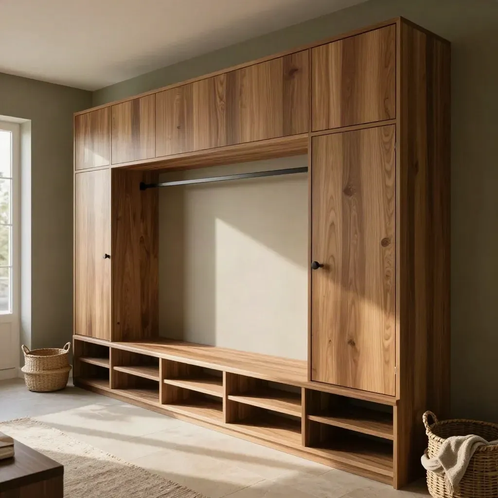 Oak mudroom built-ins and a media wall with bench storage, lit by a raking morning beam.