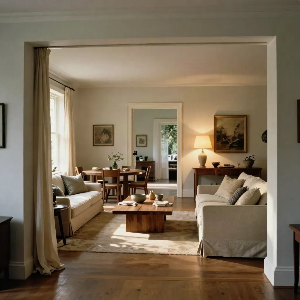 Evening living and dining room with warm lamps, walnut accents, and set table, seen through a doorway.