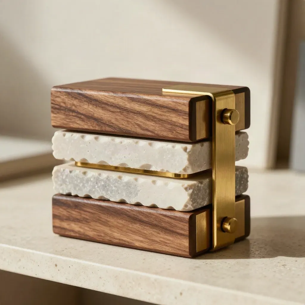Walnut veneer, stone, and brass finish samples stacked on travertine in side light.