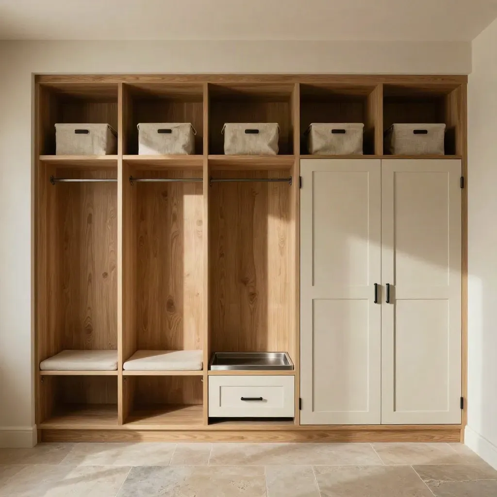 Completed mudroom built-in with oak cubbies, bench storage, and charcoal pulls