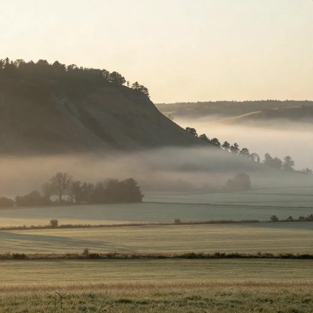 Sunrise mist over the Niagara Escarpment and rolling Halton fields
