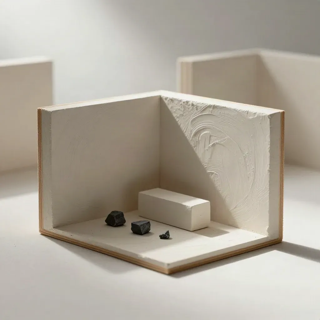 Plaster room mockup with basswood edges and charcoal sample chips on a pale plaster surface.
