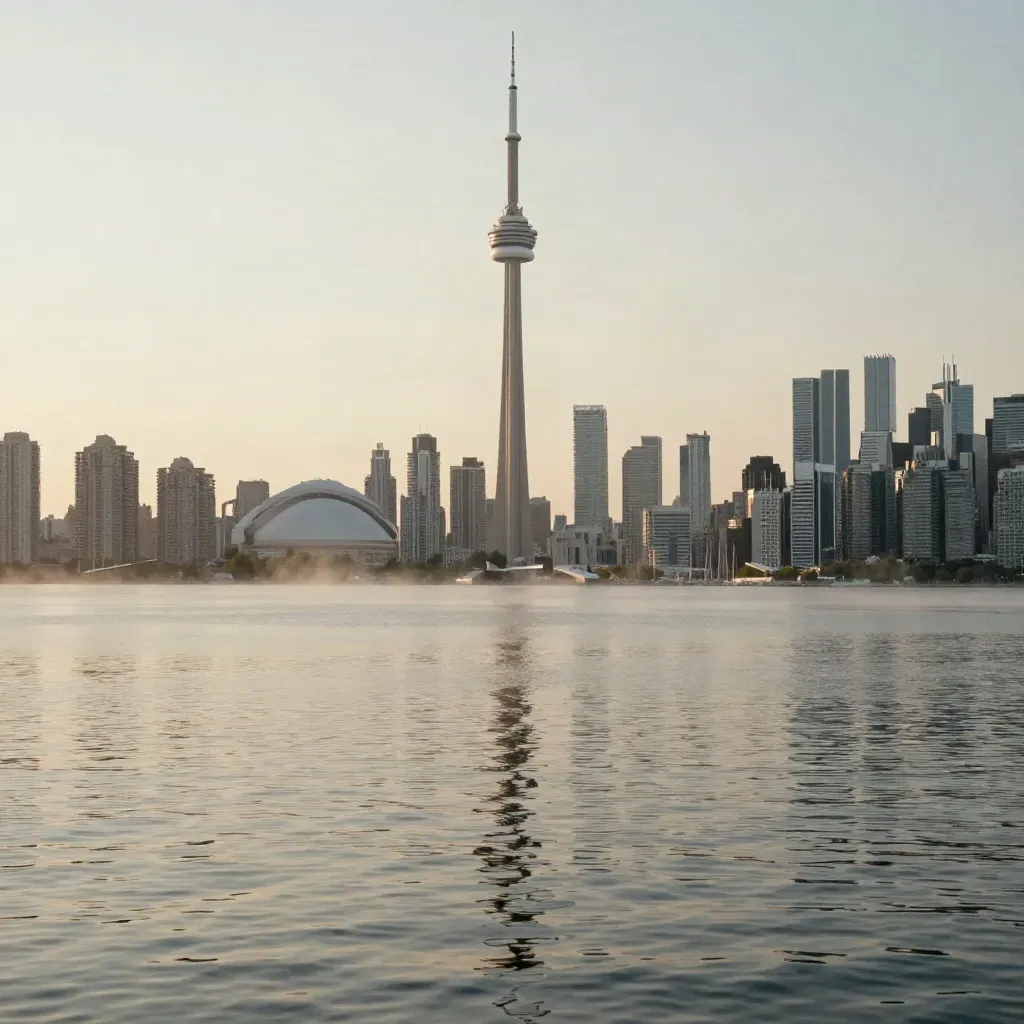 Toronto skyline with CN Tower above a hazy calm lakefront at sunset