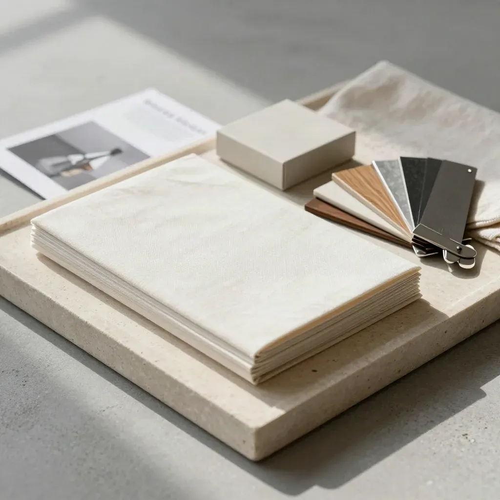 Wrapped presentation folio, sample box and finish chips on a stone tray in soft side light.
