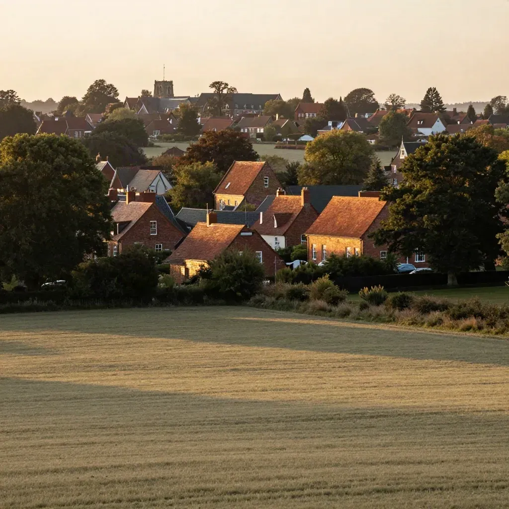 Golden-hour York Region farmland edge with red-brick rooftops and a distant church spire.
