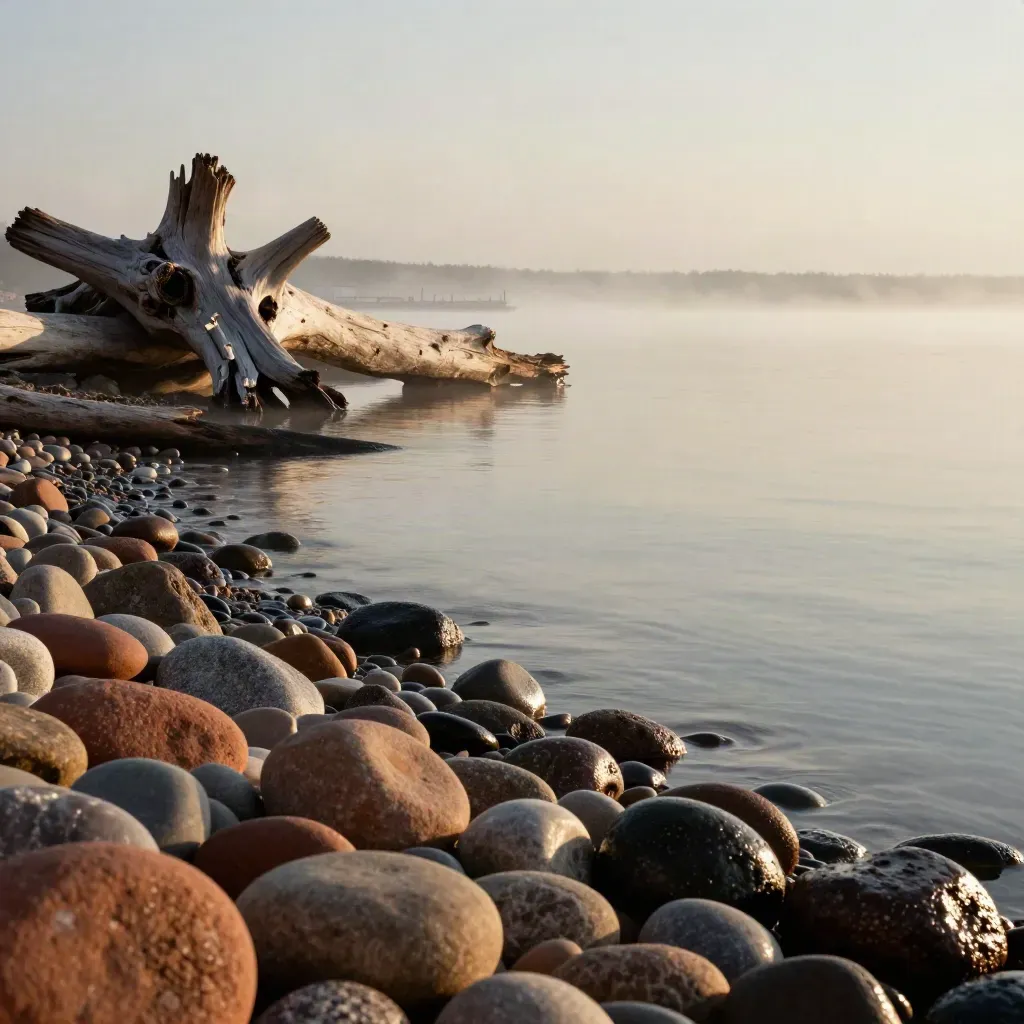 Durham shoreline cobbles and driftwood under misty dawn with a faint harbour silhouette.