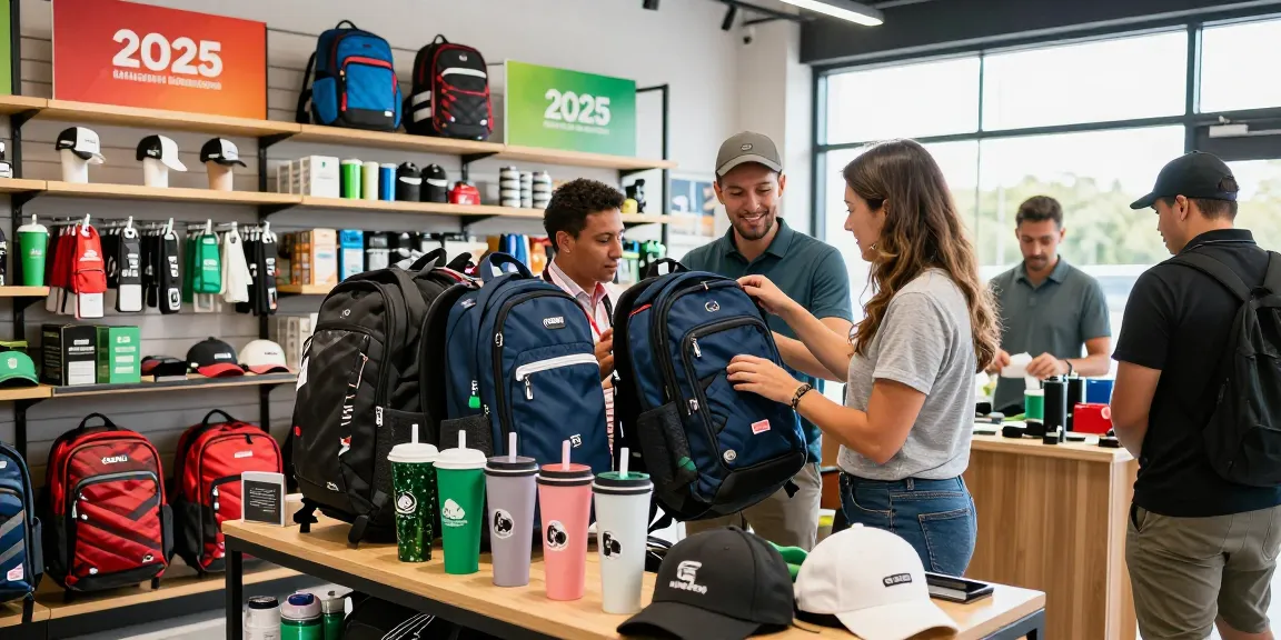 Branded backpacks featured prominently in a colorful retail display showcasing promotional products and drinkware.